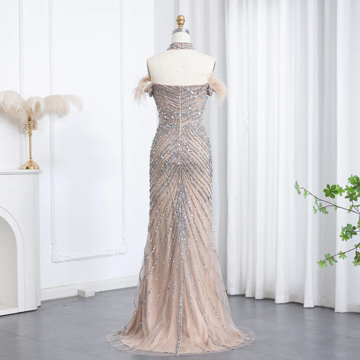 Luxury Feather Beaded Mermaid Evenig Dress with Chocker Off Shoulder SS167