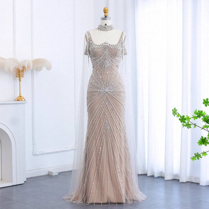 Luxury Tassel Champagne Mermaid Evening Dress with Cape SS158