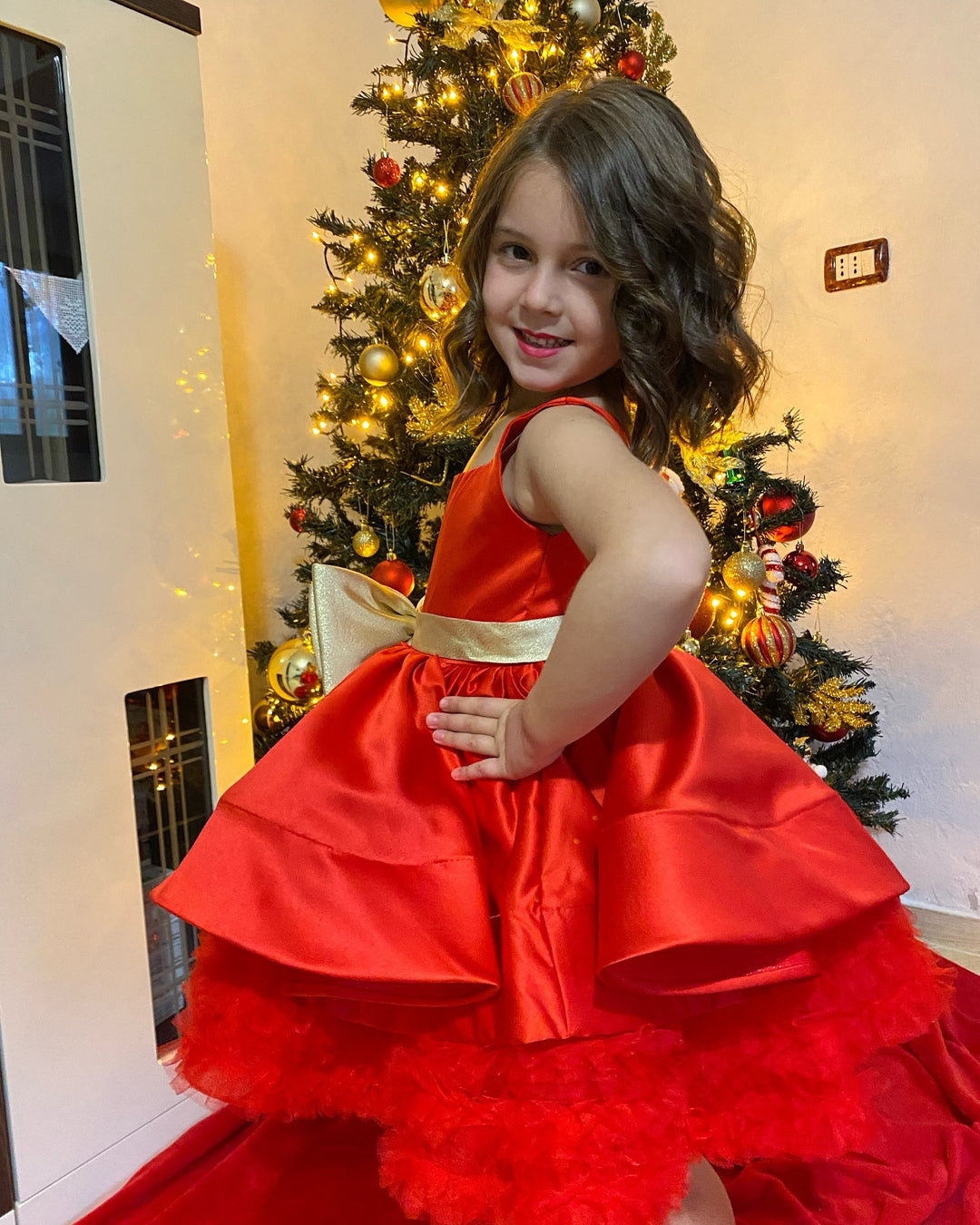 DreamyVow Red Christmas Satin Girl Dress Knee Length with Bow Square Collar J285