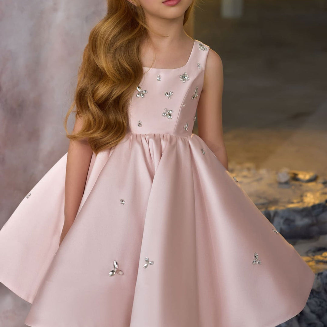 DreamyVow Elegant Pink Satin Girl Dresses Square Collar for Kids Wedding Birthday Holiday Party Gown J145