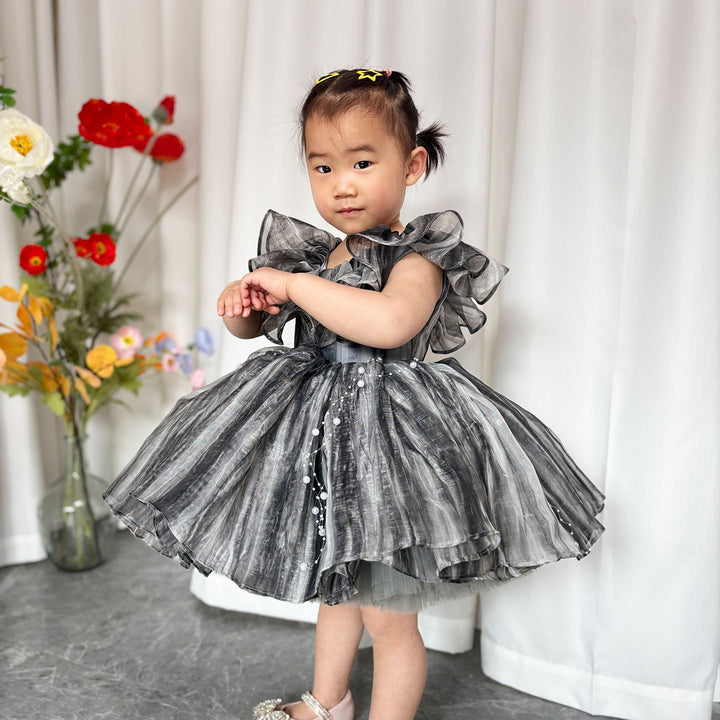 DreamyVow Black Baby Puffy Sleeve Pearls Knee Length Birthday Girl Dress J024