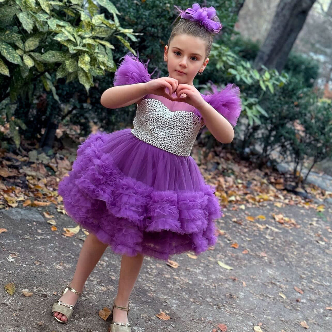 DreamyVow Purple Pearls Flower Girl Dress for Wedding Birthday J318