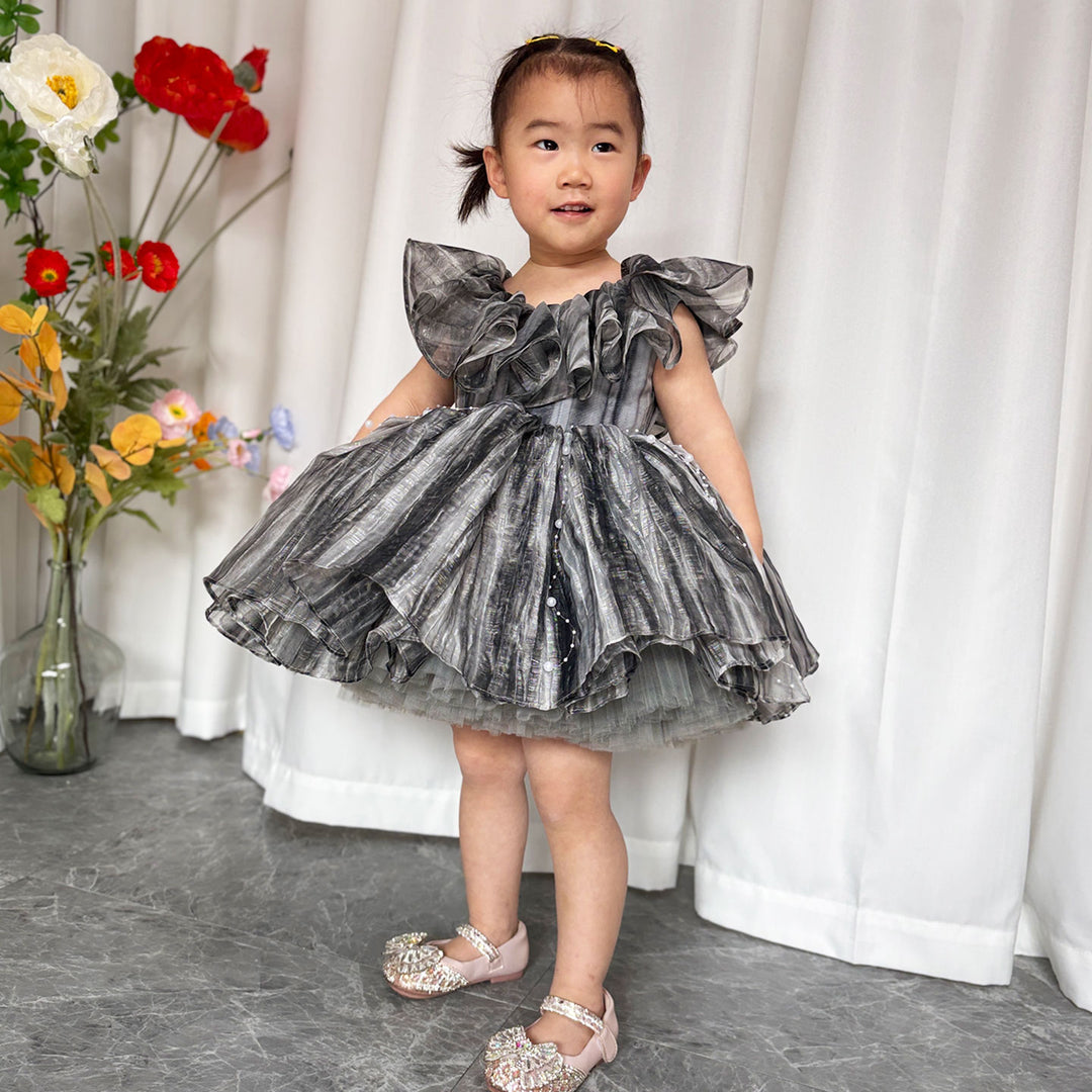 DreamyVow Black Baby Puffy Sleeve Pearls Knee Length Birthday Girl Dress J024