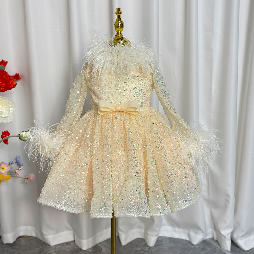 DreamyVow Luxury Gold Girl Dress Feathers Sequined Dubai Kids Wedding J320