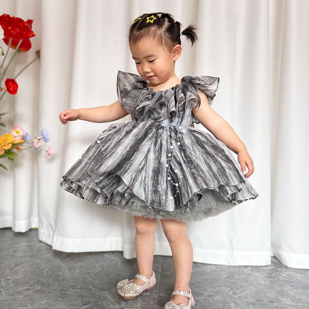 DreamyVow Black Baby Puffy Sleeve Pearls Knee Length Birthday Girl Dress J024