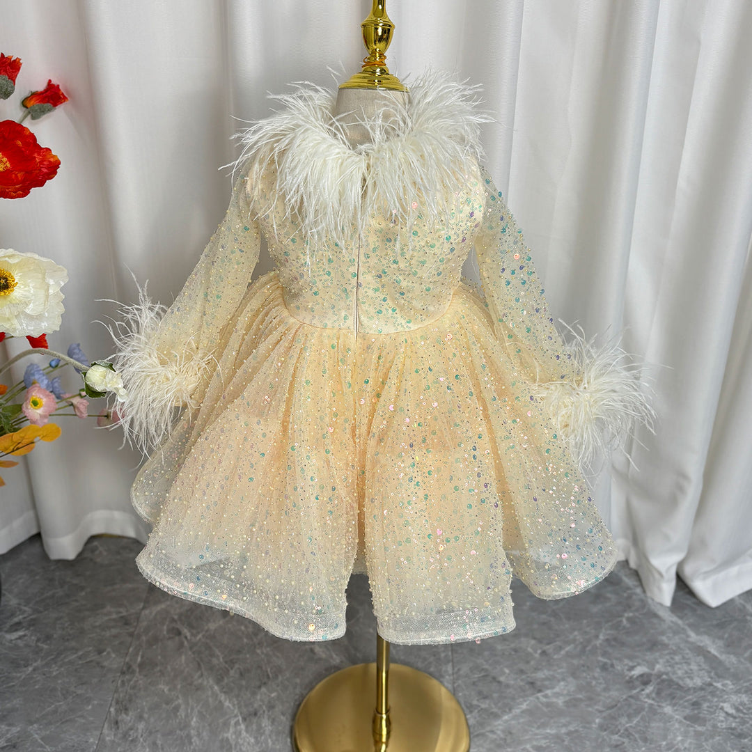 DreamyVow Luxury Gold Girl Dress Feathers Sequined Dubai Kids Wedding J320