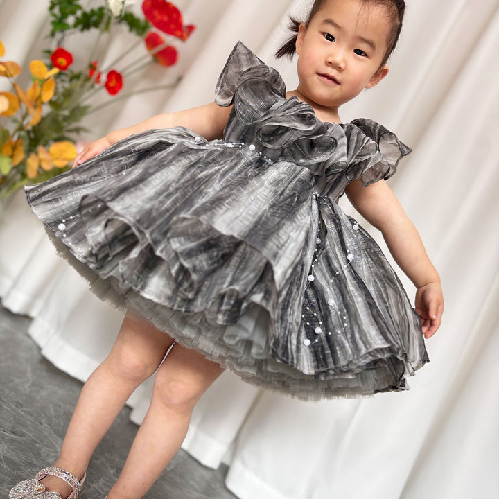 DreamyVow Black Baby Puffy Sleeve Pearls Knee Length Birthday Girl Dress J024