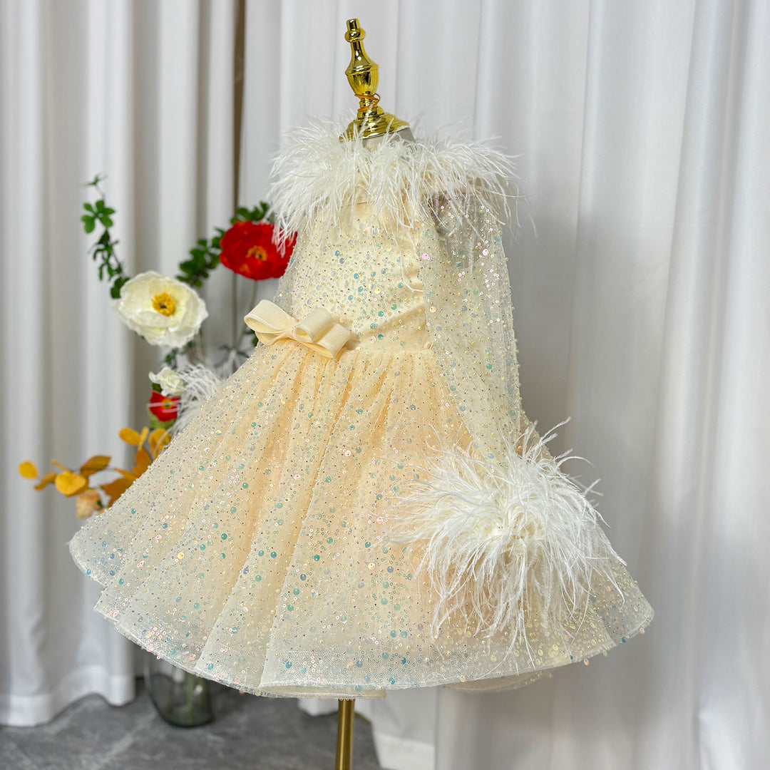 DreamyVow Luxury Gold Girl Dress Feathers Sequined Dubai Kids Wedding J320