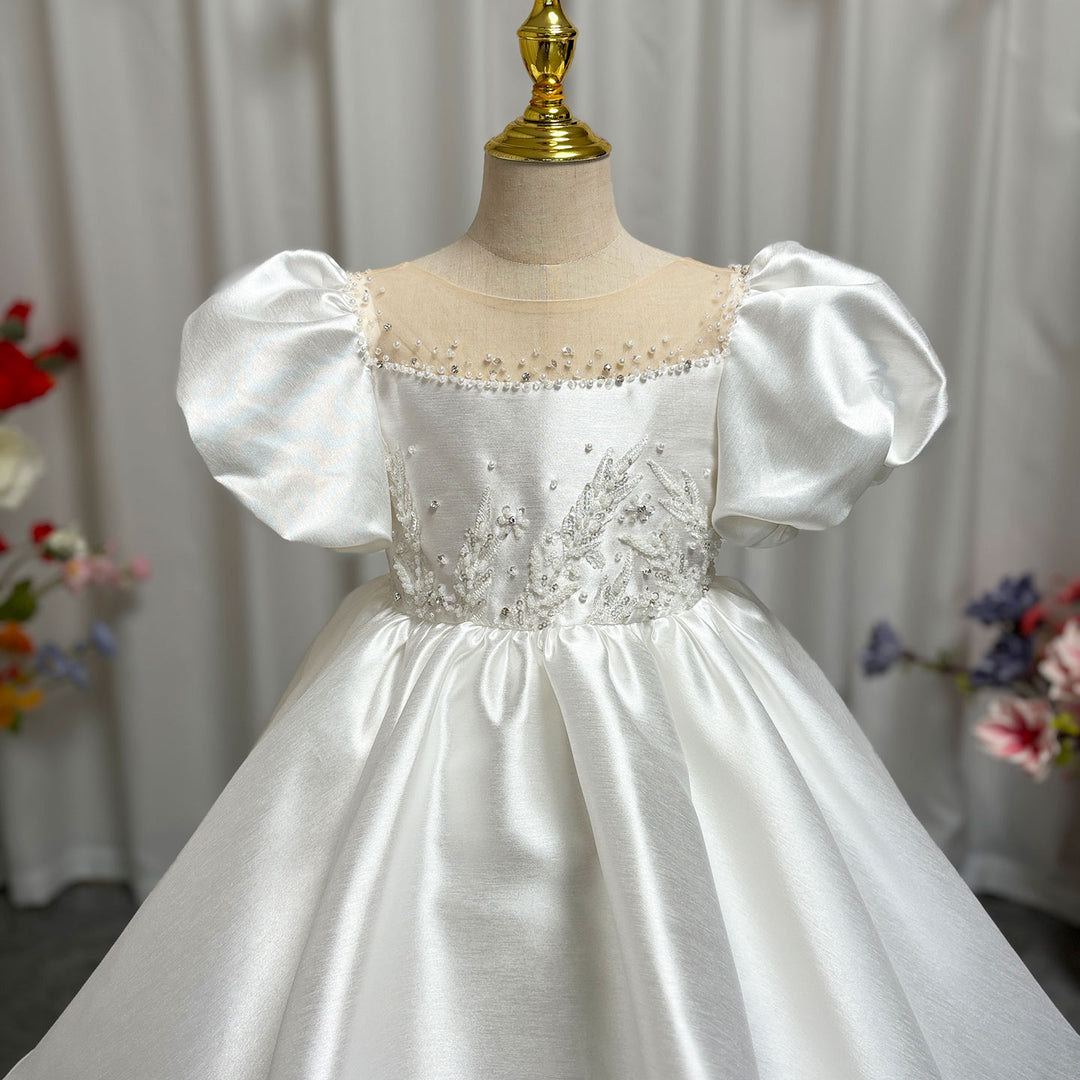 DreamyVow Elegant White Girl Dress Sequined Beading Princess Gown for Kids J256