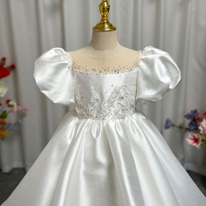 DreamyVow Elegant White Girl Dress Sequined Beading Princess Gown for Kids J256