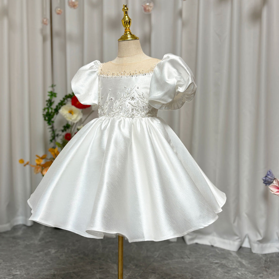 DreamyVow Elegant White Girl Dress Sequined Beading Princess Gown for Kids J256