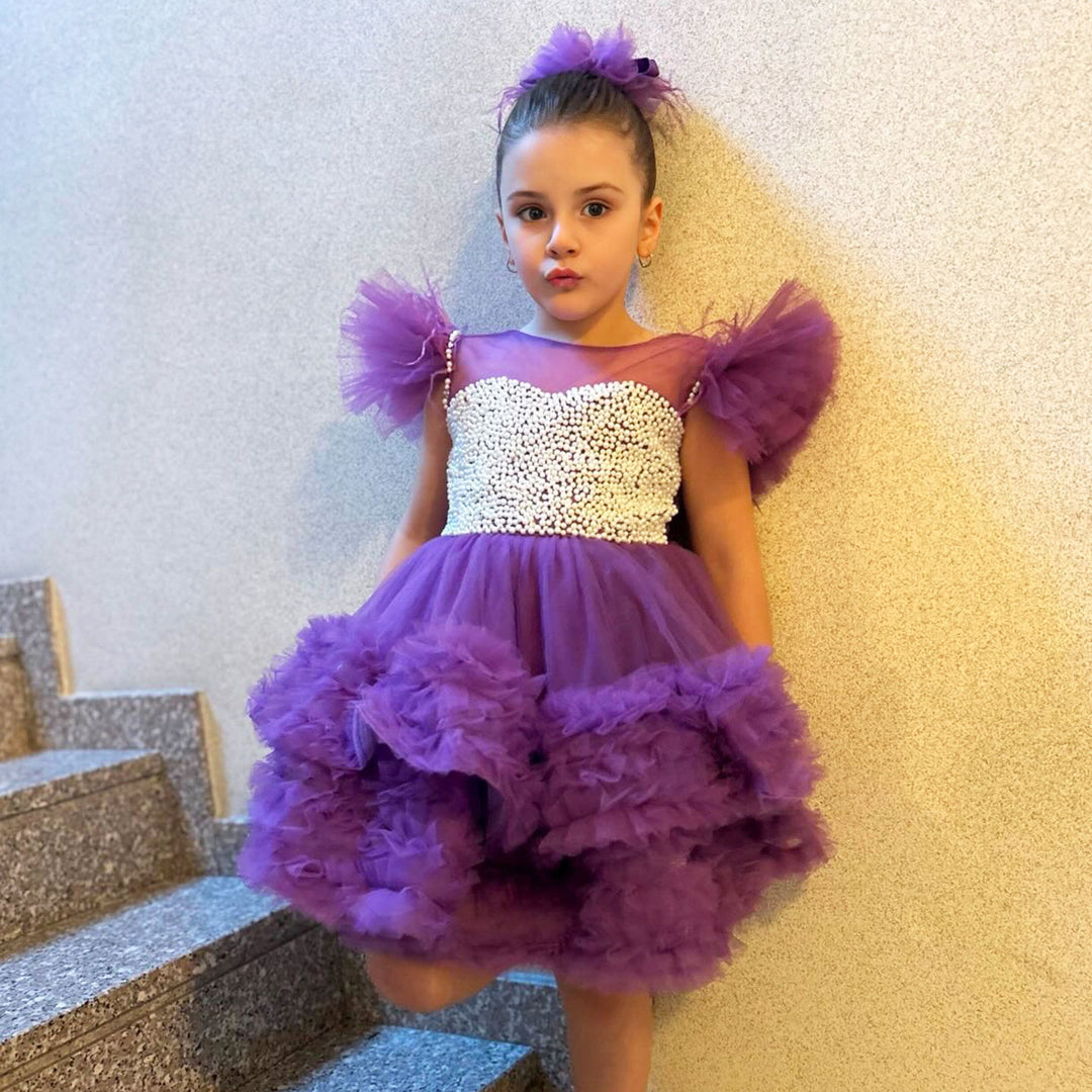 DreamyVow Purple Pearls Flower Girl Dress for Wedding Birthday J318