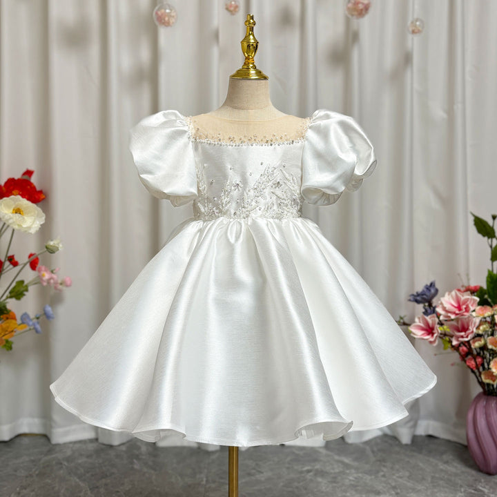 DreamyVow Elegant White Girl Dress Sequined Beading Princess Gown for Kids J256