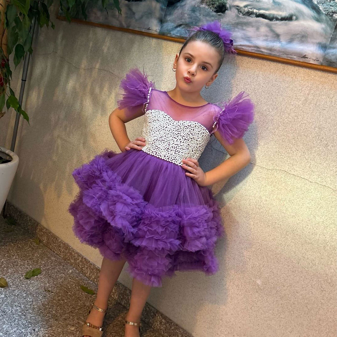 DreamyVow Purple Pearls Flower Girl Dress for Wedding Birthday J318