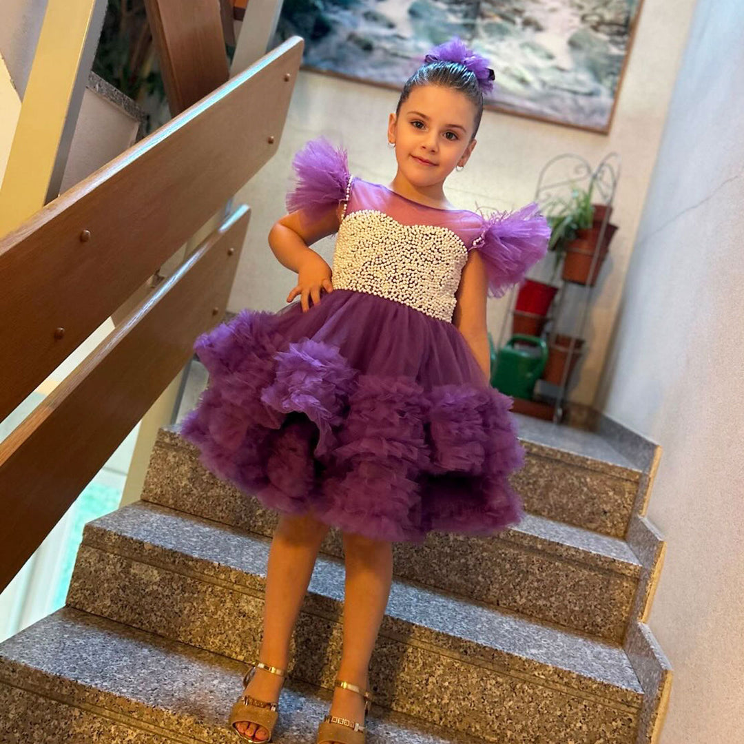 DreamyVow Purple Pearls Flower Girl Dress for Wedding Birthday J318