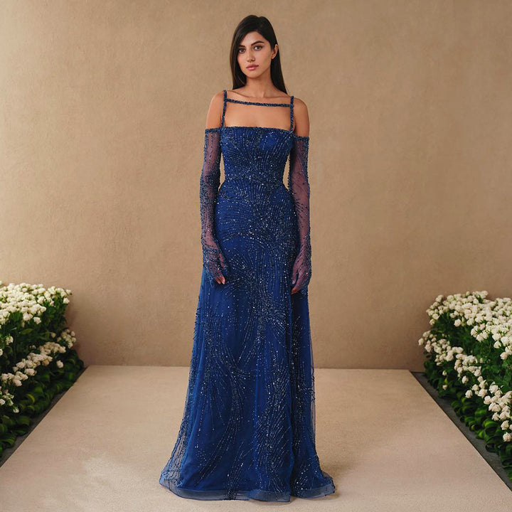 Dreamy Vow Arabic Navy Blue Evening Dress with Long Sleeves 2024 Luxury Beaded Dubai Women Wedding Guest Party Gowns SS396