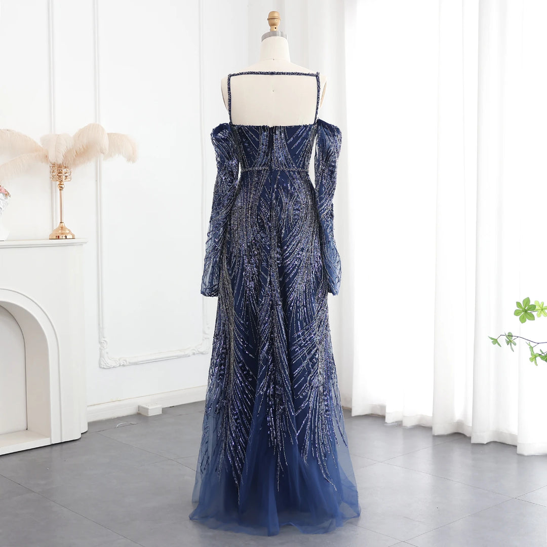 Luxury Beaded Navy Blue Mermaid Evening Dress with Long Sleeves SS396