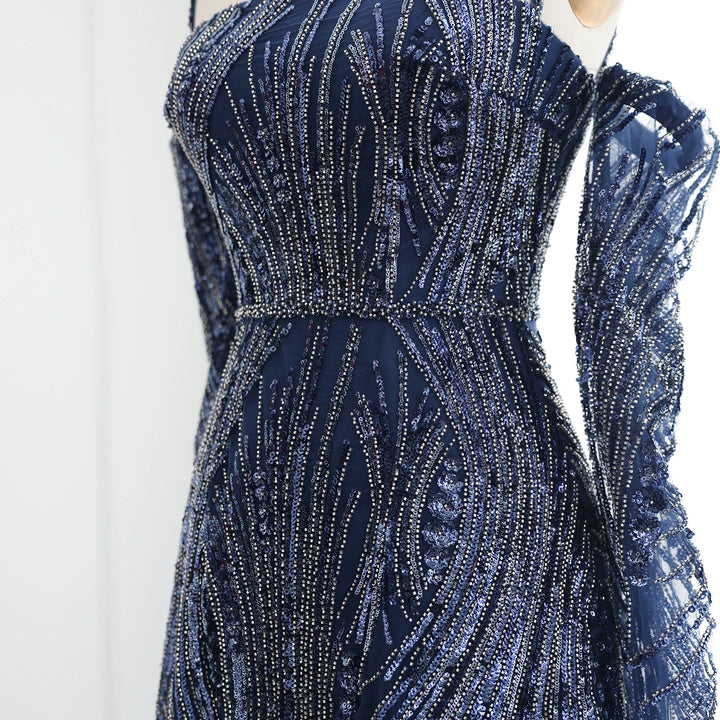 Luxury Beaded Navy Blue Mermaid Evening Dress with Long Sleeves SS396