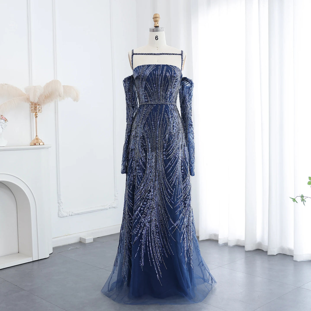 Luxury Beaded Navy Blue Mermaid Evening Dress with Long Sleeves SS396