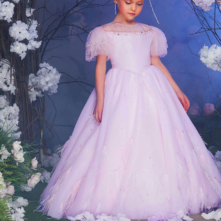 DreamyVow Luxury Blush Pink Girl Dress Feathers Beaded Princess J391