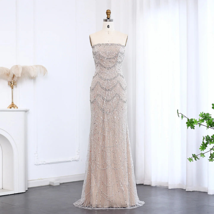 Luxury Pearls Silver Nude Strapless Arabic Evening Dress SS108