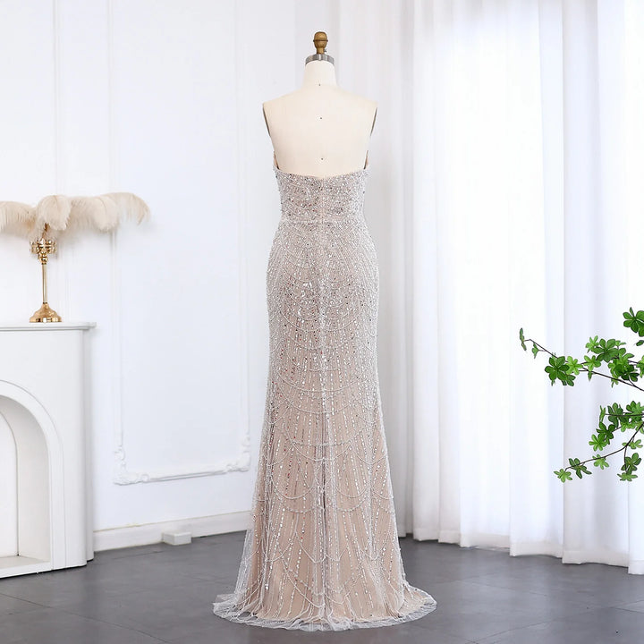 Luxury Pearls Silver Nude Strapless Arabic Evening Dress SS108