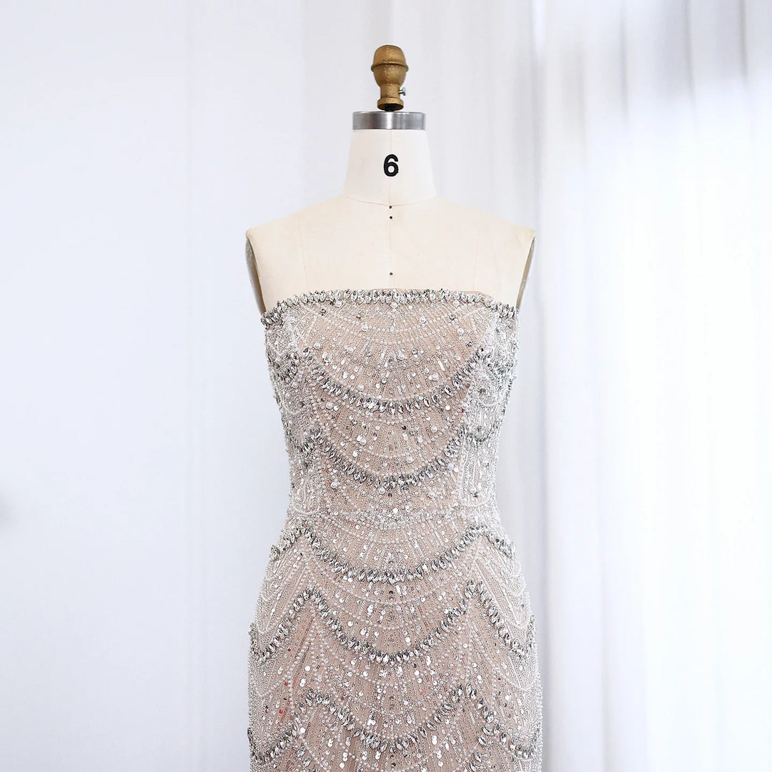 Luxury Pearls Silver Nude Strapless Arabic Evening Dress SS108