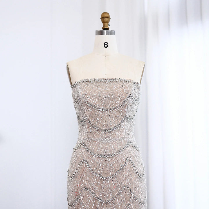 Luxury Pearls Silver Nude Strapless Arabic Evening Dress SS108