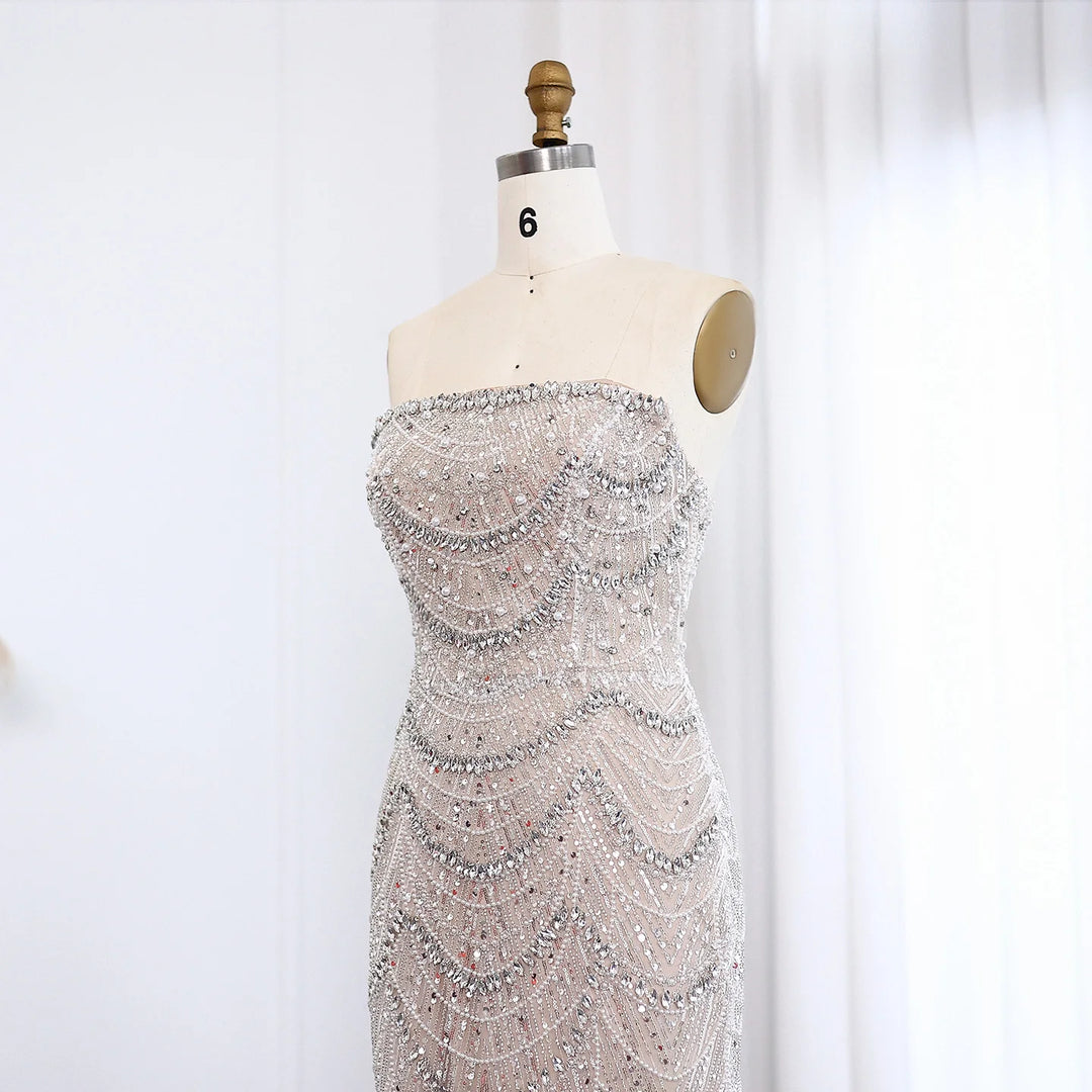 Luxury Pearls Silver Nude Strapless Arabic Evening Dress SS108