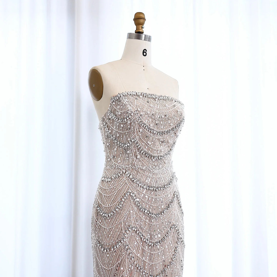 Luxury Pearls Silver Nude Strapless Arabic Evening Dress SS108