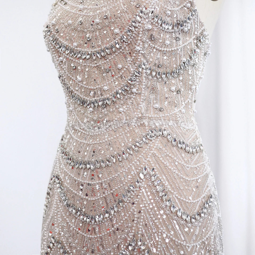 Luxury Pearls Silver Nude Strapless Arabic Evening Dress SS108