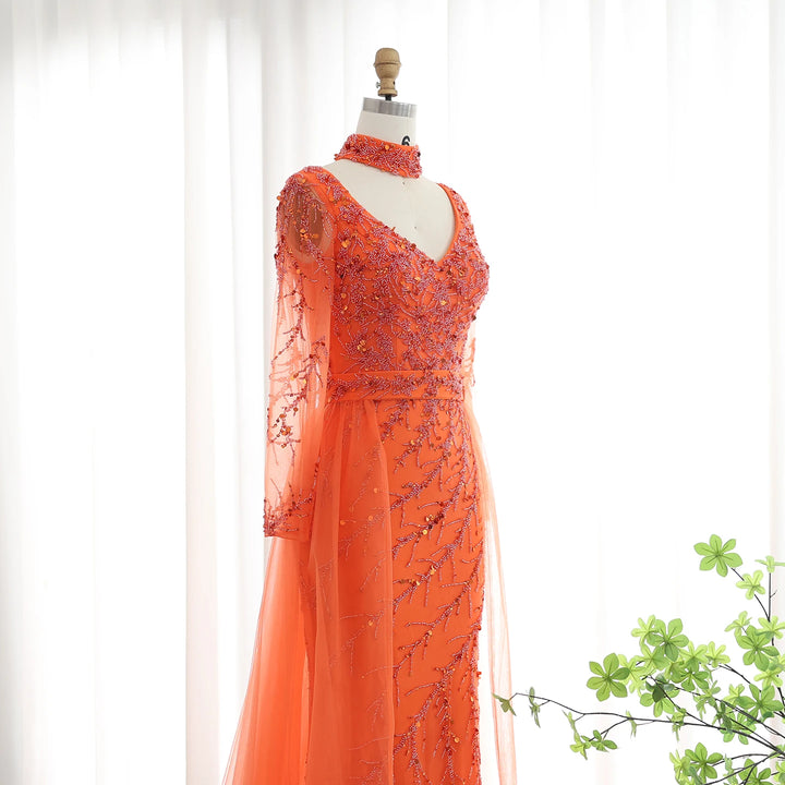 Luxury Beaded Mermaid Orange Evening Dress with Overskirt SS222