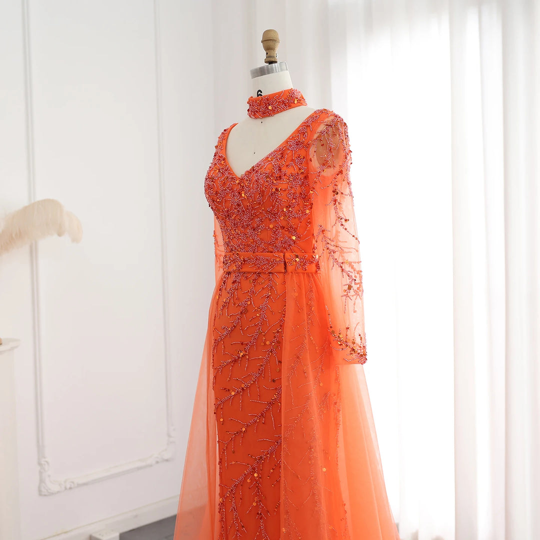 Luxury Beaded Mermaid Orange Evening Dress with Overskirt SS222