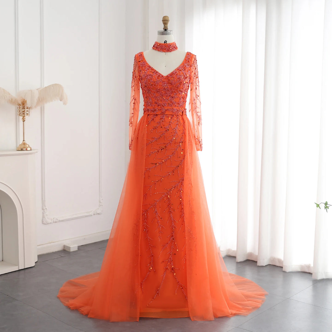 Luxury Beaded Mermaid Orange Evening Dress with Overskirt SS222