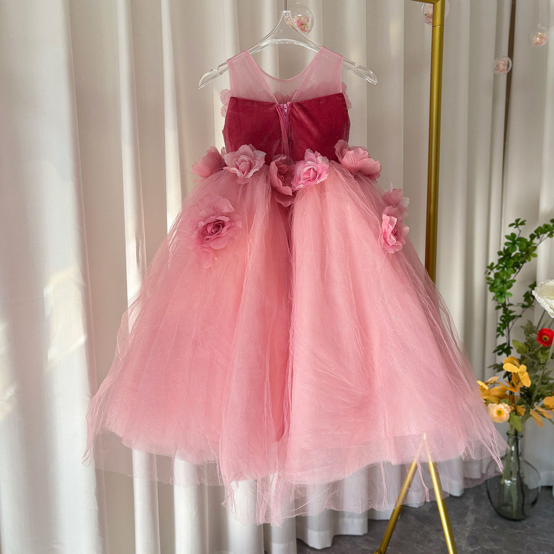 DreamyVow Pink Girl Dress Handmade Flowers for Kids Birthday Party J139