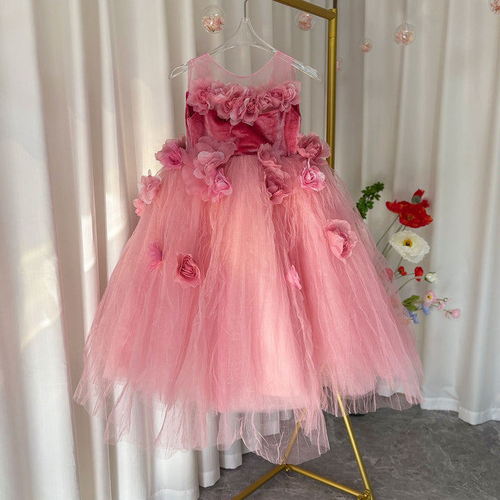 DreamyVow Pink Girl Dress Handmade Flowers for Kids Birthday Party J139