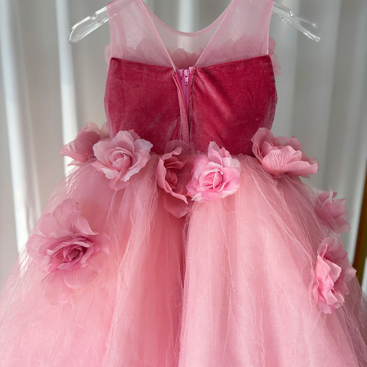 DreamyVow Pink Girl Dress Handmade Flowers for Kids Birthday Party J139