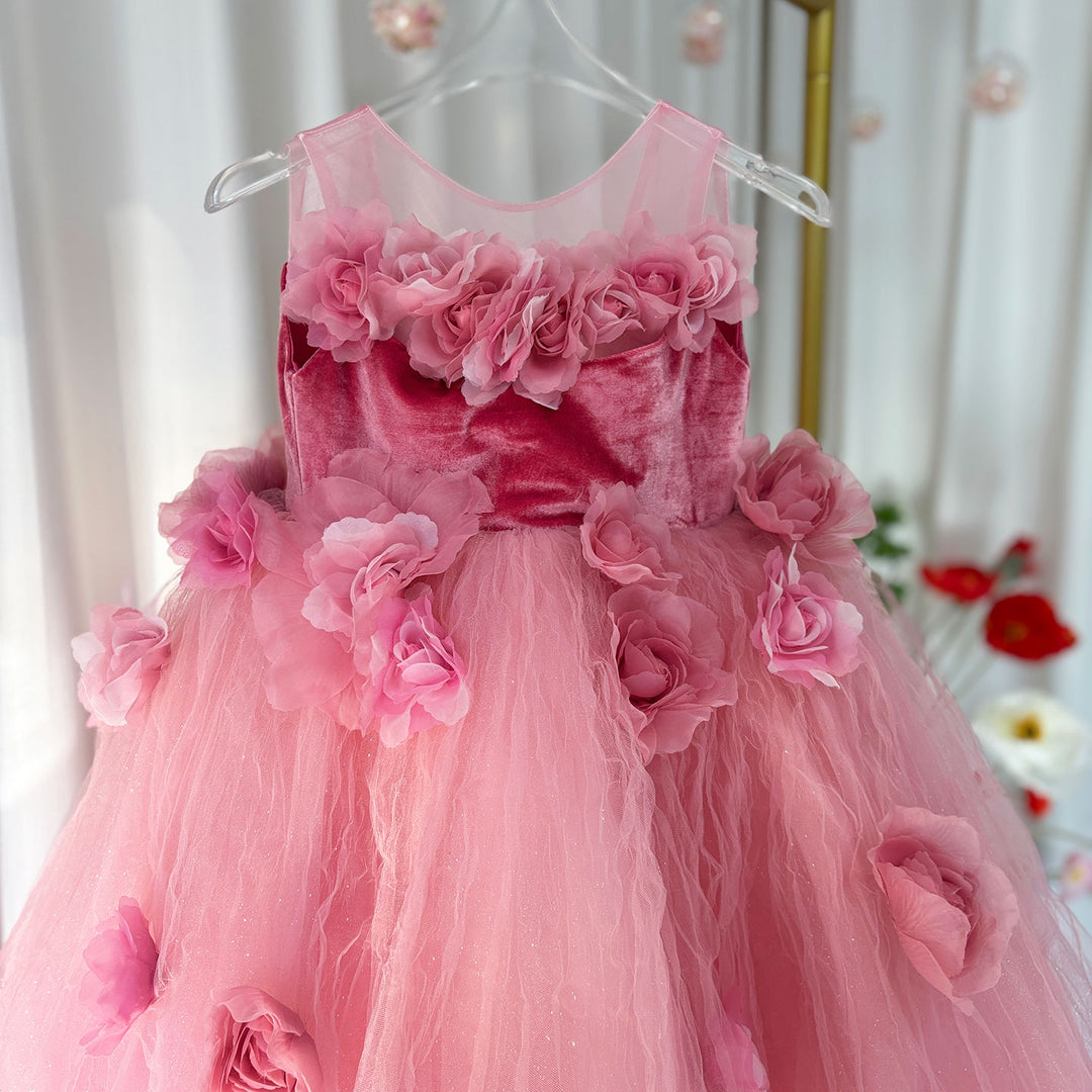 DreamyVow Pink Girl Dress Handmade Flowers for Kids Birthday Party J139