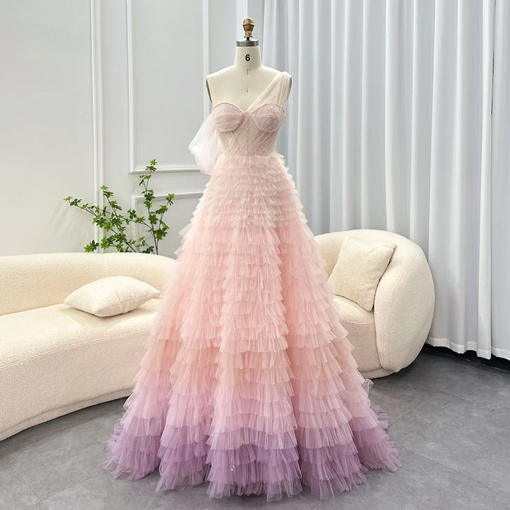 Dreamy Vow Luxus Dubai Ombre Rosa Lila Abendkleid für Frauen Hochzeit Elegante Eine Schulter Lange Ballkleid Ballkleider SS085 