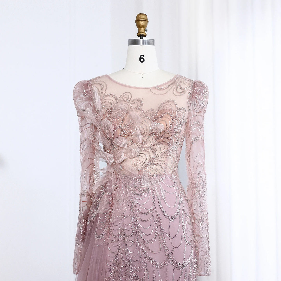 Elegant Long Sleeves Mermaid Pink Evening Dress SS084