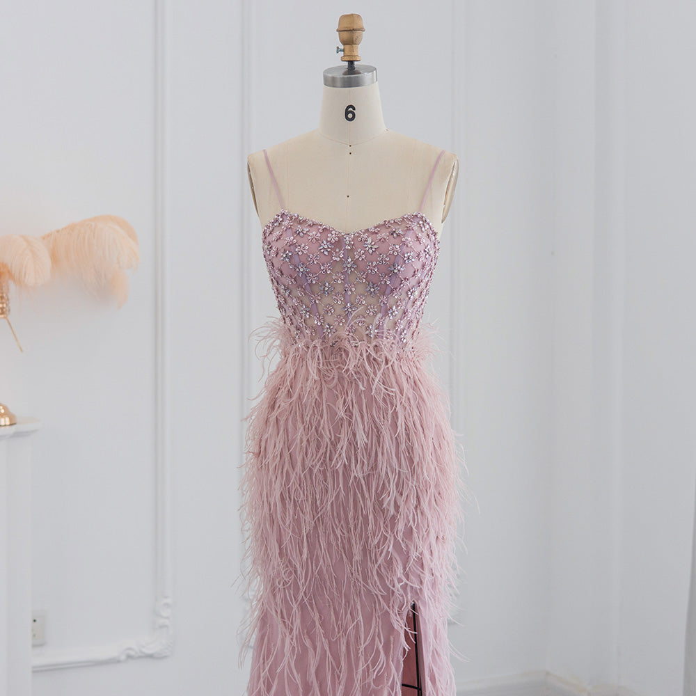 Luxury Feathers Pink Mermaid Evening Dress SS125