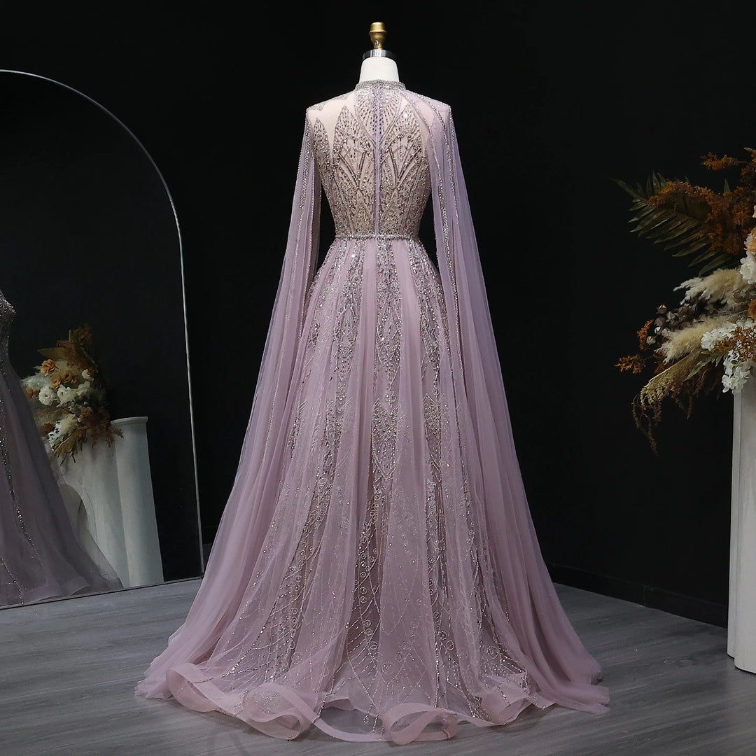 Luxury Dubai Pink Arabic Evening Dress with Cape Sleeves Brown Gowns SS050