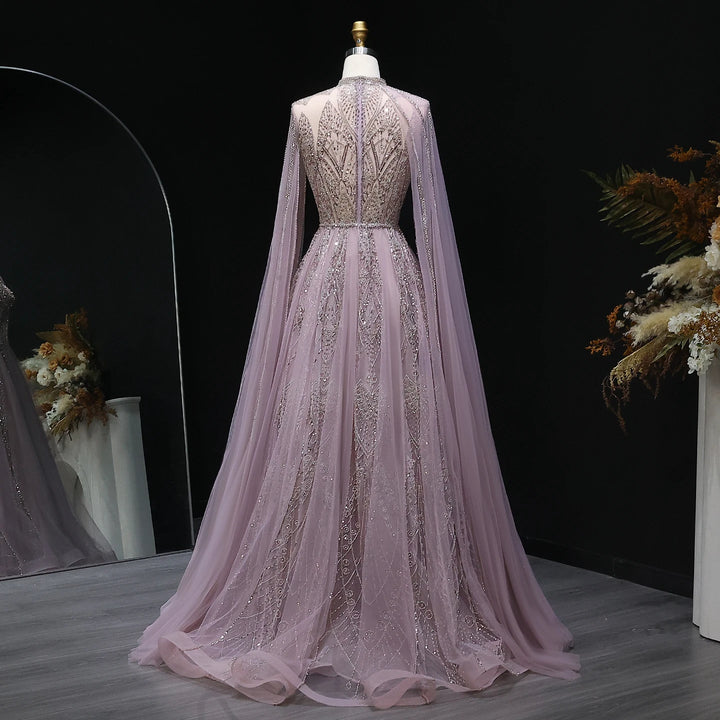 Luxury Dubai Pink Arabic Evening Dress with Cape Sleeves Brown Gowns SS050