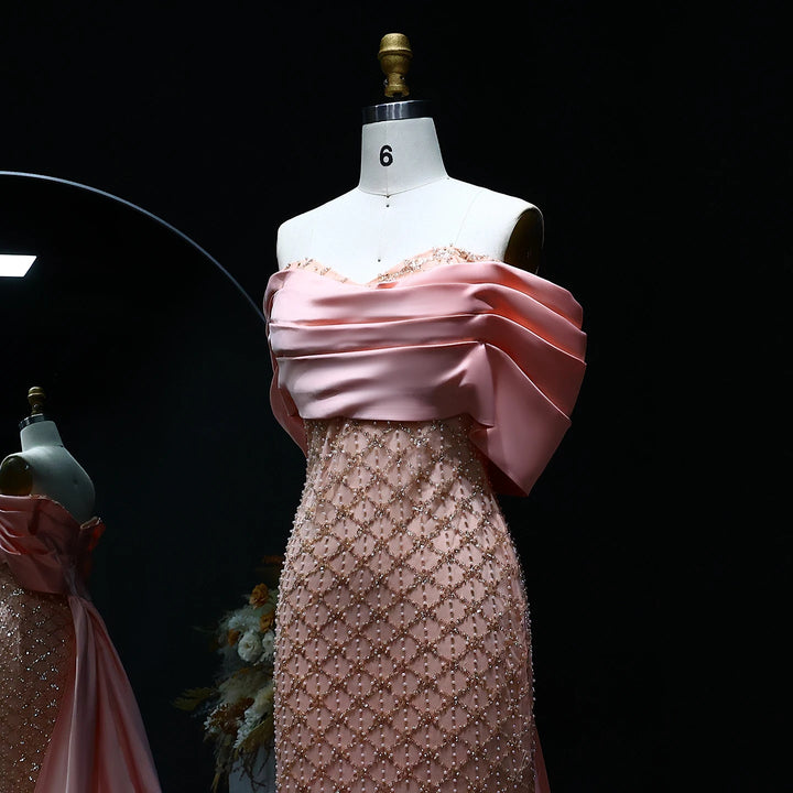 Luxury Off Shoulder Pink Evening Dress with Cape SS139