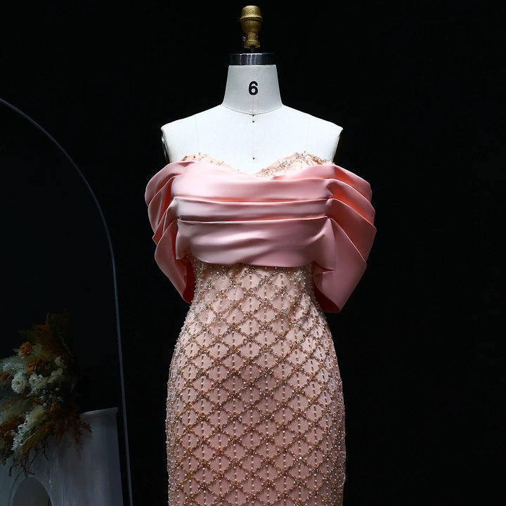 Luxury Off Shoulder Pink Evening Dress with Cape SS139