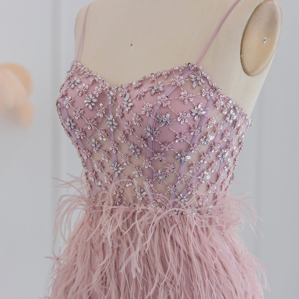 Luxury Feathers Pink Mermaid Evening Dress SS125