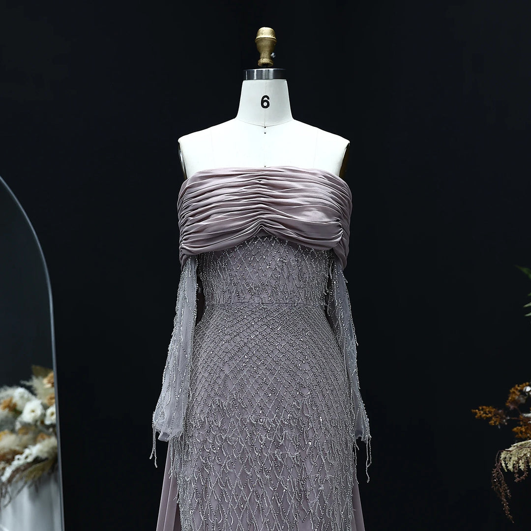 Luxury Tassel Lilac Off Shoulder Evening Dress with Cape SS138