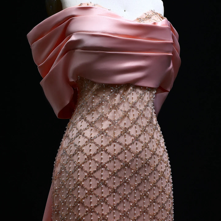 Luxury Off Shoulder Pink Evening Dress with Cape SS139