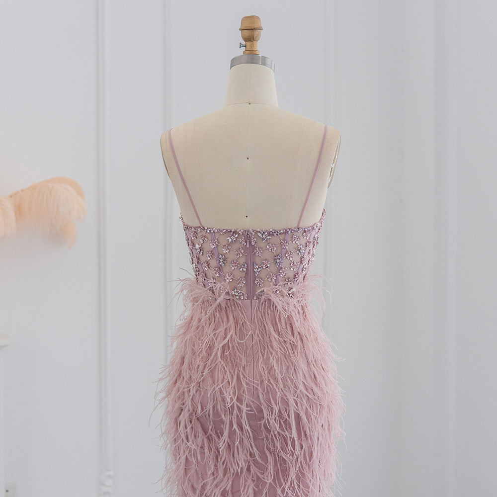 Luxury Feathers Pink Mermaid Evening Dress SS125