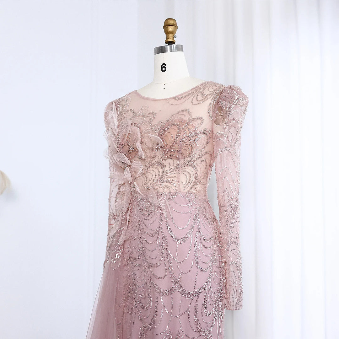 Elegant Long Sleeves Mermaid Pink Evening Dress SS084